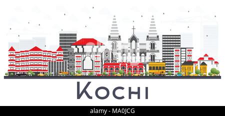 Kochi India City Skyline with Color Buildings Isolated on White. Vector Illustration. Business Travel and Tourism Concept with Historic Architecture.  Stock Vector