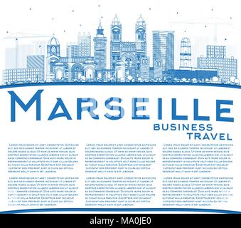 Outline Marseille France City Skyline with Blue Buildings and Copy Space. Vector Illustration. Business Travel and Tourism Concept Stock Vector