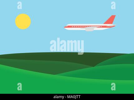 Green landscape with grassy hills and flying airplane on blue sky with sun - vector, suitable for advertising on vacation and travel Stock Vector