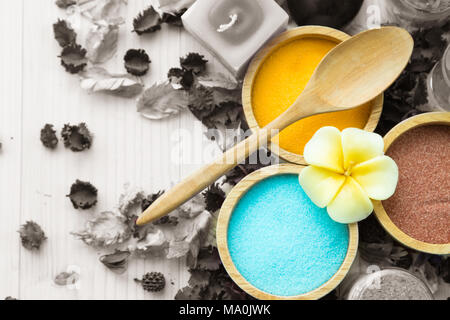 Various types of spa sea salt in wooden bowls Stock Photo