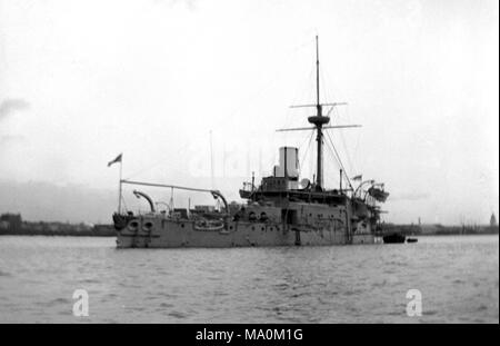 AJAXNETPHOTO. 1888 - 1908. (APPROX). PORTSMOUTH, ENGLAND. - OLD HERO - CONQUEROR CLASS IRONCLAD BATTLESHIP FLYING A WHITE ENSIGN IN THE HARBOUR. SHIP WAS 6540 TONS BUILT AT CHATHAM DOCKYARD IN 1888. COULD REACH 14 KNOTS. SUNK AS TARGET SHIP. PHOTOGRAPHER:UNKNOWN © DIGITAL IMAGE COPYRIGHT AJAX VINTAGE PICTURE LIBRARY SOURCE: AJAX VINTAGE PICTURE LIBRARY COLLECTION REF:182303 BX3 16 Stock Photo