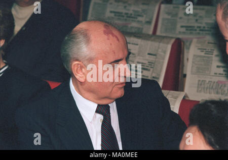 Moscow, Russia - February 29, 1992: Former soviet president Mikhail Sergeevich Gorbachev at anniversary party of Nezavisimaya gazeta newspaper Stock Photo