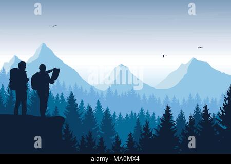 Tourist, man and woman with backpacks and a map looking for a trip in a mountain landscape with forest, trees and flying birds under the sky with clou Stock Vector