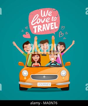 Cheerful young people or happy friends traveling by car. Journey, travel, vacation concept. Cartoon vector illustration Stock Vector