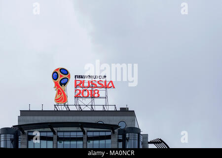 MOSCOW, RUSSIA - OCTOBER 28, 2017 Official emblem, logo of the 2018 World Cup on the roof of building on one of the capital's street Stock Photo