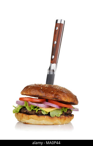 Freshly cooked hamburger with vegetables and cutlet. Home-made sandwich  isolated on white background, closeup Stock Photo