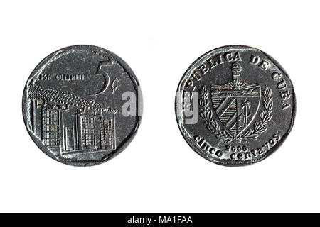 front and back of a cuban five cents on white background Stock Photo