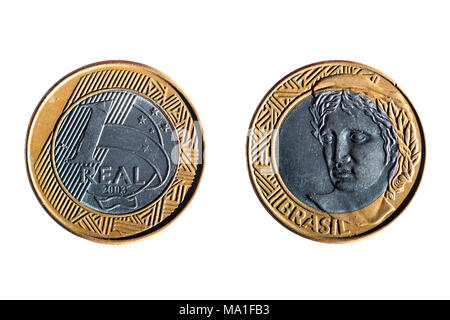 front and back of a brazilian real coin on white background Stock Photo