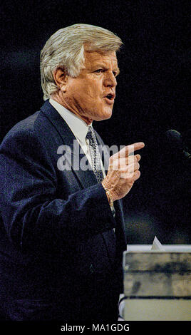 New York, New York, USA, July 7, 1992 Senator Edward (Ted) Kennedy (D-MA) addresses the Democratic nominating convention in Madison Square Garden. His address leads up to Governor Clinton accepting the nomination from the Democratics for the Presidential ballot. Credit: Mark Reinstein /MediaPunch Stock Photo