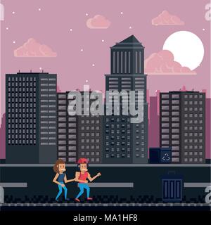 Pixelated urban videogame scenery Stock Vector