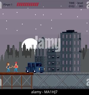 Pixelated urban videogame scenery Stock Vector