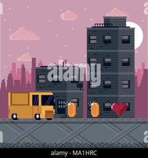 Pixelated urban videogame scenery Stock Vector