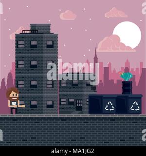 Pixelated urban videogame scenery Stock Vector