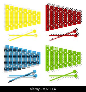 Xylophone sign. Vector. Yellow, red, blue, green icons with their black texture at white background. Stock Vector