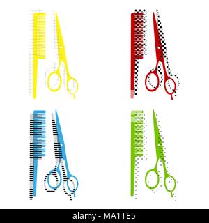 Barber shop sign. Vector. Yellow, red, blue, green icons with their black texture at white background. Stock Vector