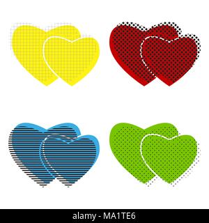 Two hearts sign. Vector. Yellow, red, blue, green icons with their black texture at white background. Stock Vector