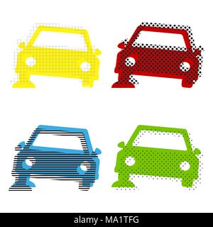 Car parking sign. Vector. Yellow, red, blue, green icons with their black texture at white background. Stock Vector