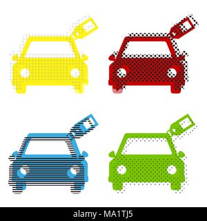 Car sign with tag. Vector. Yellow, red, blue, green icons with their black texture at white background. Stock Vector