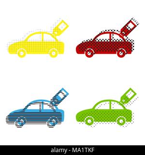 Car sign with tag. Vector. Yellow, red, blue, green icons with their black texture at white background. Stock Vector