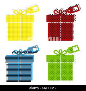 Gift sign with tag. Vector. Yellow, red, blue, green icons with their black texture at white background. Stock Vector