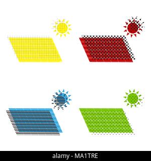 Solar energy panel. Eco trend concept sign. Vector. Yellow, red, blue, green icons with their black texture at white background. Stock Vector