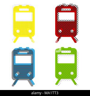 Train sign. Vector. Yellow, red, blue, green icons with their black texture at white background. Stock Vector