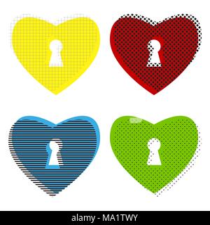 Heart with lock sign. Vector. Yellow, red, blue, green icons with their black texture at white background. Stock Vector