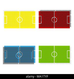 Soccer field. Vector. Yellow, red, blue, green icons with their black texture at white background. Stock Vector