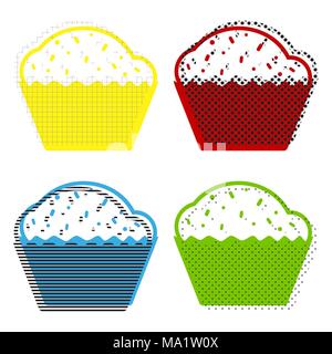 Cupcake sign. Vector. Yellow, red, blue, green icons with their black texture at white background. Stock Vector