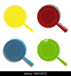 Pan sign. Vector. Yellow, red, blue, green icons with their black texture at white background. Stock Vector
