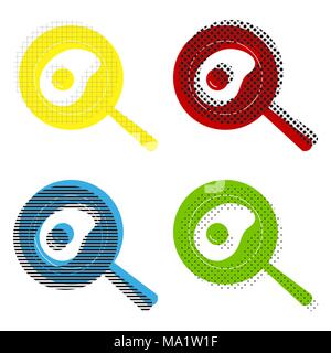 Omelet at pan icon. Vector. Yellow, red, blue, green icons with their black texture at white background. Stock Vector