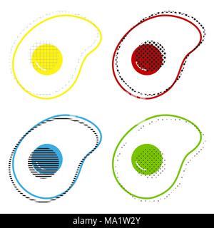 Omelet sign. Flat designed style icon. Vector. Yellow, red, blue, green icons with their black texture at white background. Stock Vector