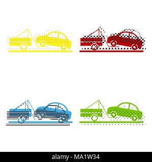 Tow truck sign. Vector. Yellow, red, blue, green icons with their black texture at white background. Stock Vector