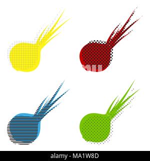 Onion sign. Salad ingredient. Healthy vegetable. Vector. Yellow, red, blue, green icons with their black texture at white background. Stock Vector