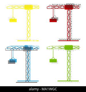 Construction crane sign. Vector. Yellow, red, blue, green icons with their black texture at white background. Stock Vector