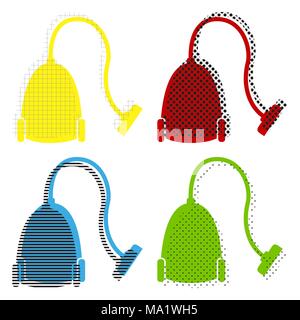 Vacuum Cleaner sign. Vector. Yellow, red, blue, green icons with their black texture at white background. Stock Vector