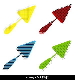 Trowel sign. Vector. Yellow, red, blue, green icons with their black texture at white background. Stock Vector