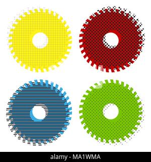 Saw sign. Vector. Yellow, red, blue, green icons with their black texture at white background. Stock Vector