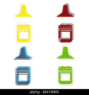 Electric or gas stove and extractor kitchen hood sign. Vector. Yellow, red, blue, green icons with their black texture at white background. Stock Vector