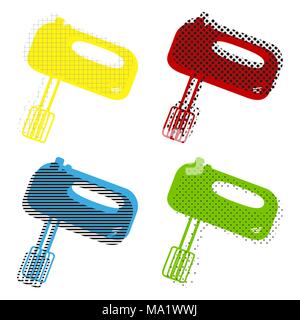 Kitchen mixer sign. Vector. Yellow, red, blue, green icons with their black texture at white background. Stock Vector