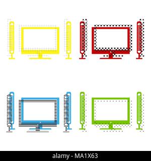Home theater sign. Vector. Yellow, red, blue, green icons with their black texture at white background. Stock Vector