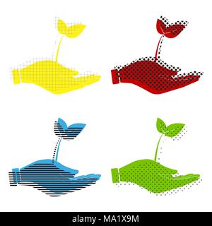 Sprout in a hand sign of environmental protection. Vector. Yellow, red, blue, green icons with their black texture at white background. Stock Vector