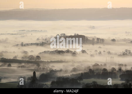 A misty morning view from Titterstone Clee hill, Shropshire, looking towards Worcestershire. Stock Photo