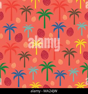 Colorful palm trees and coconuts vector seamless pattern background. Stock Vector