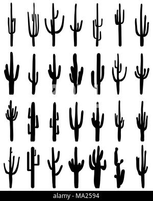 Black silhouettes of different cactus on a white background, vector Stock Photo