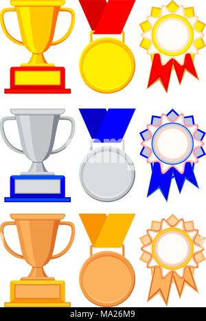 Colorful winner award gold silver bronze set. Stock Vector