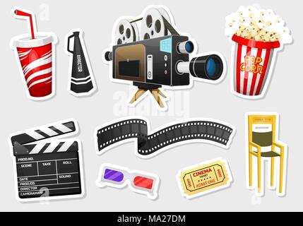 Movie stickers. Vintage cinema, entertainment and recreation with popcorn. Retro poster background. Clapperboard and camera, Filmmaking and video cassette, chair, film stock for Hollywood studio. Stock Vector