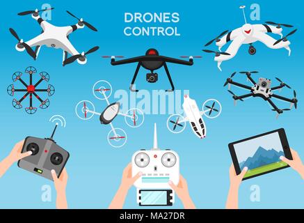 Set of modern air drones and remote control. Science and Modern ...