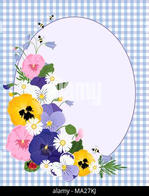 an illustration of an arrangement of pansy flowers with daisies foliage bees and ladybugs oval space for text and a blue gingham cloth background Stock Vector