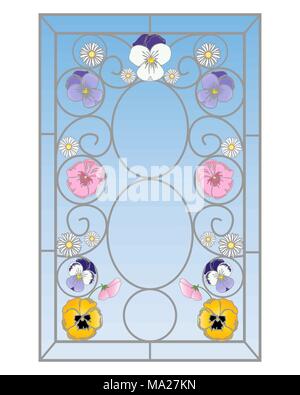 a vector illustration in eps 10 format of a beautiful stained glass window with pansy flowers in an abstract design on a white background Stock Vector